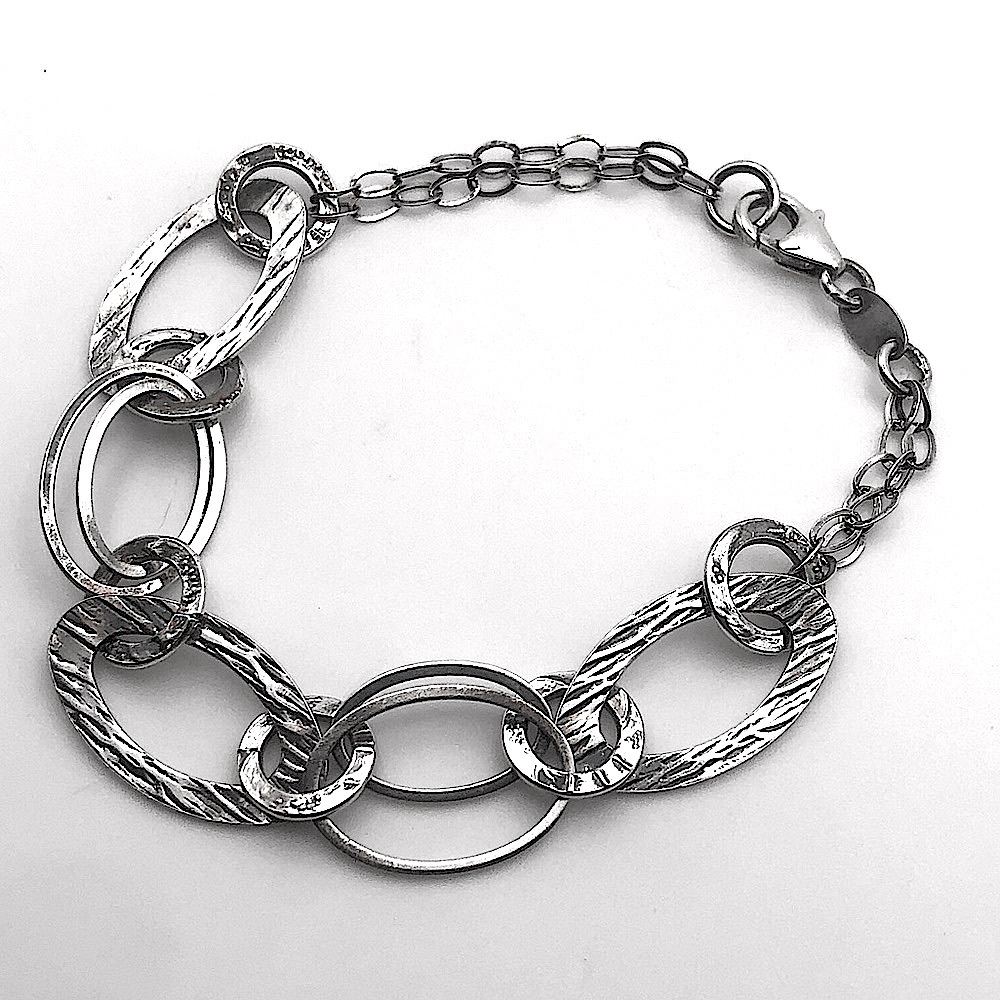 VTG Sterling Silver Brushed Woodgrain Design Circle Link Bracelet 925 Italy 7.2”
